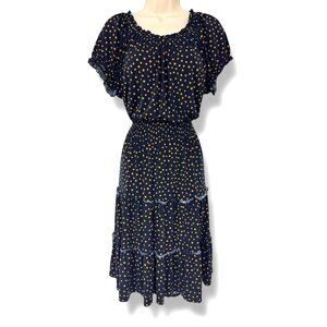 Navy Blue/Gold Polka Dot‎ Smocked Waist Tiered Dress Size 12 Summer Cottagecore